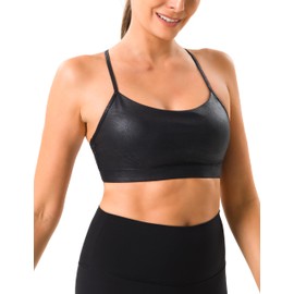 YUNOGA Women's Y Back Matte Faux Leather Sports Bras Padded Racerback Spaghetti Thin Strap Support Workout Yoga Bra (L, Black)