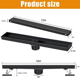 Linear-Shower-Drain, Black-Floor-Drain 16 Inch 304 Stainless Steel Bathroom Drains Kit, Invisible Rectangular Drain with Filter Bag, Adjustable Leveling Feet