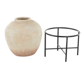 Deco 79 Magnesium Oxide Decorative Vase Wide Centerpiece Vase with Black Metal Stand, Flower Vase for Home Decoration 19" x 19" x 26", Beige