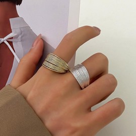Zeshimb Chunky Statement Rings for Women Gold Silver Two Tone Multi Lines Rings Adjustable Wide Index Finger Rings Link Chain Open Wrap Rings Set Cool Jewelry