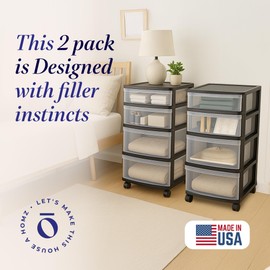 HOMZ 2-Pack Drawer Tower, 4-Tier Clear Plastic Storage Organizer Cart, Black Frame - Organizing Containers with Wheels for Home, Bathroom, Bedroom, Office, and Classroom