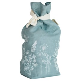 Plastic Free, Reusable Linen Bread Bag in Duck Egg Blue. Handprinted With Cottage Garden Flowers, Helps To Keep Your Bread Fresher For Longer, Made In Cornwall UK. Measures approx: 42cm x 28cm x 12cm