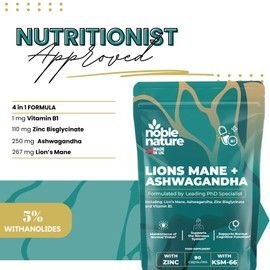 Noble Nature Lion’s Mane & Ashwagandha KSM-66 4-in-1 Adaptogen & Nootropic Supplement with Zinc Bisglycinate & Vitamin B1 – Brain, Focus & Calm Support – Made in The UK – 90 Capsules
