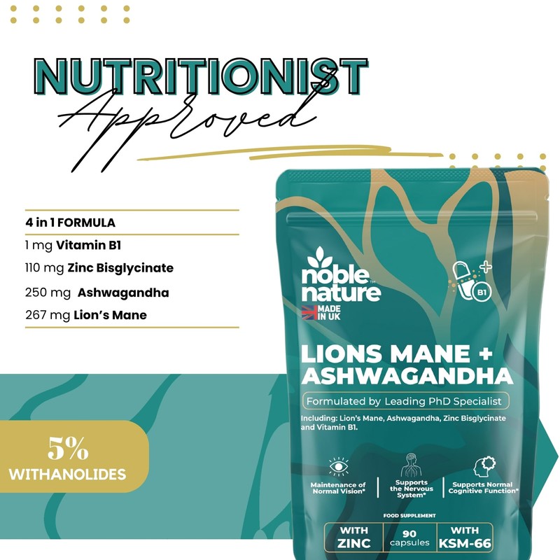 Noble Nature Lion’s Mane & Ashwagandha KSM-66 4-in-1 Adaptogen &