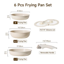 JEETEE Nonstick Frying Pan Set, Non Stick Frying Pans with lid and Detachable Handle, Frying Pan Set with Removable Handle-8 Inch-9.5 Inch-11 Inch, Oven Safe, PFOA Free, Beige