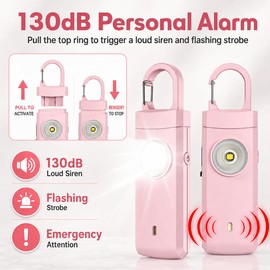 Rechargeable Personal Alarm for Women - Travel College Dorm Essentials, 130dB Keychain Alarm with Flashlight, Safety Gifts for Teen Girl, Daughter, Student, Birthday Day Gift Stocking Stuffers, Pink
