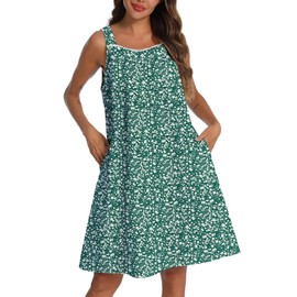 YOZLY Cotton Nightgowns for Women Sleeveless Tank Night Gown Sleepwear with Pockets, Green Floral, X-Large