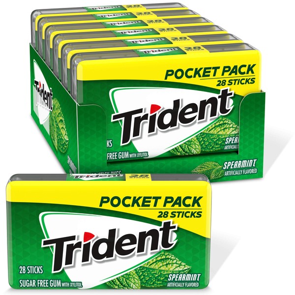 Trident Spearmint Sugar Free Gum, 6 Pocket Packs of 28 Pieces (168 Pieces Total)