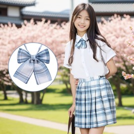 制服リボン スクールリボン セーラー服 蝶結び 蝶ネクタイ JK制服 女子 学生 可愛い 調整可能 チェック柄 格子柄 学校 通学 コスプレ 多色 紫 赤 水色 (スカイブルー)