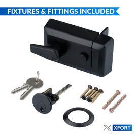 XFORT 60mm Matt Black Night Latch Standard Complete with Rim Cylinder, Lock Case, Two Keys and Trim Ring, Door Lock Provides Increased Home Security, for Front Door Lock.