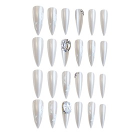 MISUD Press on Nails Long Stiletto Fake Nails Glossy Glue on Nails Sharp Almond Acrylic Nails Bling White Chrome Artificial Nails Flower Stick on False Nails with Luxury Diamond Design 24 pcs