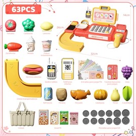 Caja Registradora Juguete Niñas, 63 PCS Supermercado Juguete con Cajas Registradora, Calculadoras, Walkie-talkies y Escáneres, Juegos de Simulación QR