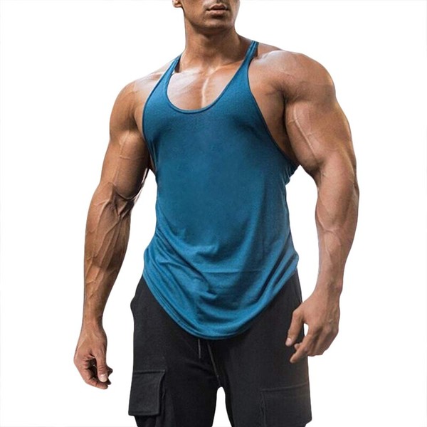 Men's Cotton Workout Tank Tops Dry Fit Gym Bodybuilding Training Fitness Sleeveless Muscle T Shirts (Blue,X-Large)