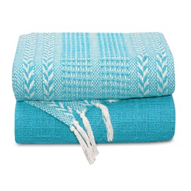 Cozy Home Collection Cotton Throw Blankets - Set of Two - 50"x60" - Turquoise & Striped with Fringe - Rustic Ottoman & Batik Chair Blanket - Picnic Throw