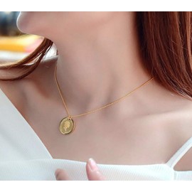 Mixiueuro Women Girls Queen Coin Necklace 14k Rose Gold Plated Stainless Steel Queen Coin Pendant With Beads Necklace Minimalist Style Nickel Free