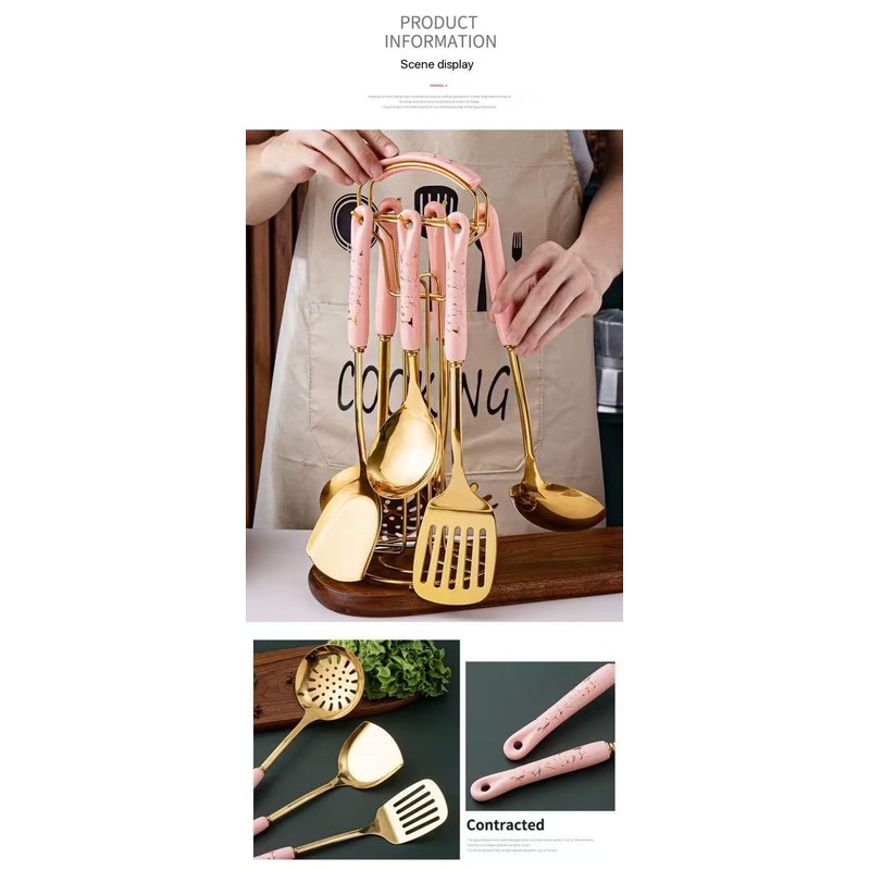Luxury Gold Kitchen Utensils Set, 7-Piece Ceramic Handle Cooking Tools