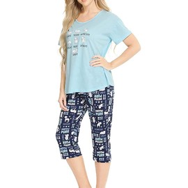 CHUNG Women Cotton Pajamas Set Short Sleeve Top Capri Pants Sleepwear Plus Size, S, Navy Cat