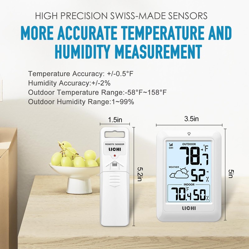 Indoor Outdoor Thermometer Wireless Weather Station, Internal External Thermometer Hygrometer,