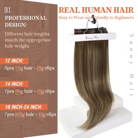 Sunny Hair Sunny Hair Clip in Hair Extensions Human Hair Invisible Clip in Hair Extensions Real Human Hair Straight Hair Extensions for Women 14inch Medium Brown to Caramel Blonde Balayage