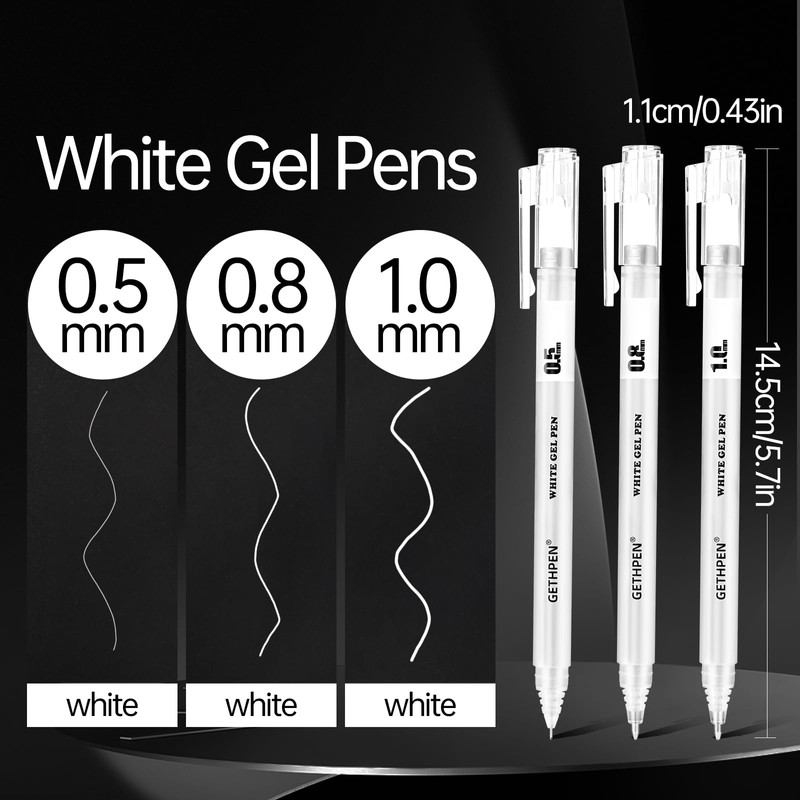 White Gel Pens, 05/08/10mm Assorted Tip Opaque Archival Ink Pen