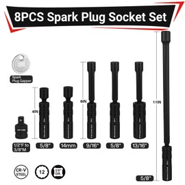 YIYITOOLS 8Pcs Spark Plug Socket Set, Magnetic Swivel Spark Plug Socket, Spark Plug Gapper, Include 9/16-Inch, 5/8-Inch, 13/16-Inch, 14mm Socket, 3/8" Drive with 12 Points