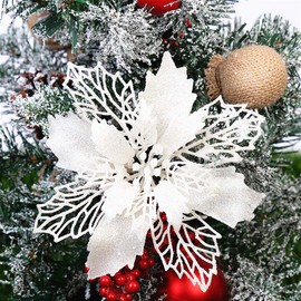 GLITZFAS 12-Piece Glitter Christmas Tree Decoration, Ornaments, Flower Decoration, Christmas Tree Pendants (White, 24 cm)