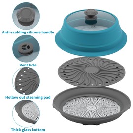 Microwave Splatter Silicone Cover Collapsible Steamer, Vented Multifunction Splash Lid with Glass Dish Bowl Plate for Food Cooking Bacon Maker, Dishwasher Safe BPA-Free 10.5 inch Cookware Set