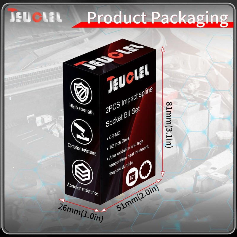JEUCLEL 2PCS M10 Triple Square Impact Spline Bit Socket, 10mm