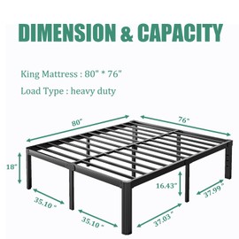 LAKKURI 18 Inch High Platform Metal King Size Bed Frame, King Bed Frame no Box Spring Needed, Heavy Duty, Noise Free, Easy Assembly, Black