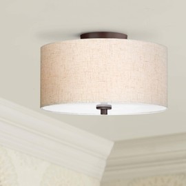 Regency Hill Sylvan Modern Ceiling Light Semi Flush-Mount Fixture 14" Wide Bronze 3-Light Oatmeal Fabric Drum Shade for Bedroom Kitchen Living Room Hallway Dining Bathroom Schoolhouse House