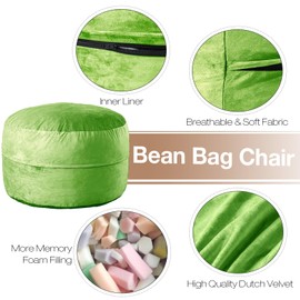 [Velvet Fabric] X-Large Bean Bag Chair: 5 ft Memory Foam Bean Bag Chairs for Adults with Filling,Adult/Kids Bean Bag Chair with Filler Included,Soft Faux Fur Fabric,Lime,5 Foot