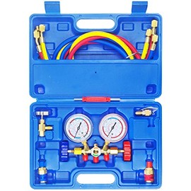 JIFETOR 3 Way AC Manifold Gauge Set, HVAC Diagnostic Freon Charging Tool for Auto Household R12 R22 R404A R134A Refrigerant, Quick Couplers Acme Adapter Valve Core Tool (5FT Hose, Can Tap, Blue Case)