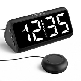 Netzu Loud Alarm Clock for Heavy Sleepers, Plug-in Alarm Clocks with Bed Shaker, 5 Dimmers, 2 Alarms, 4 Volumes and Snooze for Bedrooms Hearing Impaired Deaf Adult (Black and White)