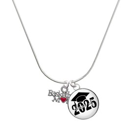 Delight Jewelry Silvertone Basketball Mom with Red Heart Script Class of 2025 Dome Charm Necklace, 18"