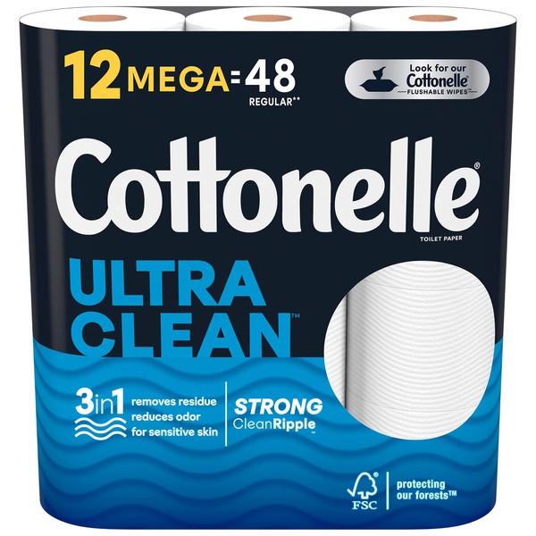 Cottonelle Ultra Clean Toilet Paper, Strong Toilet Tissue, 6 Mega Rolls (6 Mega Rolls = 24 Regular Rolls), 312 Sheets per Roll, Packaging May Vary