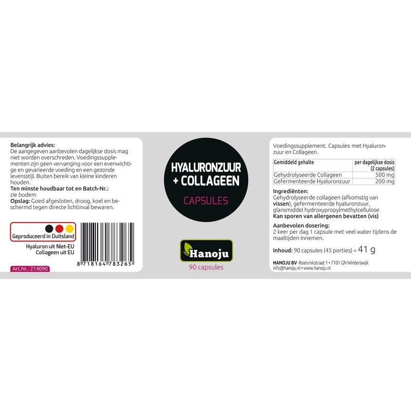 Hanoju 90 Capsules Hyaluronic Acid 100 mg + Collagen 250