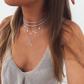 Yienate Bohemian Layered Necklace Dainty Silver Hollow Moon Star Pendant Chunky Link Chain Bead Choker Boho Charm Beach Necklace Jewelry for Women and Girls