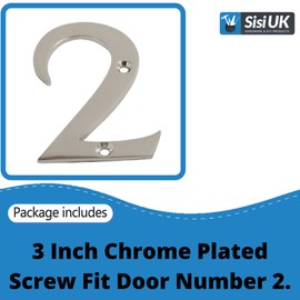 Chrome Door Numbers Screw On 3 Inch Number 2 Door Number Elegant and Bold Door Numerals Suitable for All Door Types Including Wooden uPVC and Composite.