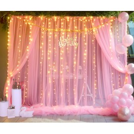 20ft x 10ft Pink Tulle Photo Backdrop Curtain with Lights String for Baby Shower Sheer Baby Pink Curtain Backdrop for Birthday Party Wedding Photo Booth Photography Background Decorations