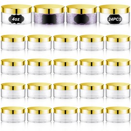Dandat 24 Pcs Plastic Jars with Lid and Label PET Cosmetic Containers Leak Proof Empty Cosmetic Jars Refillable Storage Travel Jars for Lotion Cream Gel Powder Ointment(Clear with Gold Lid,4 oz)