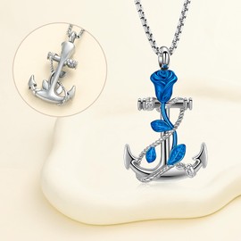 Oinsi Anchor Urn Necklace for Ashes Rose Flower Cremation Jewelry for Men Women Memorial Ashes Keepsake Stainless Steel Human Pet Funeral Ashes Holder Pendant -Sliver-Blue