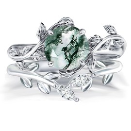 Wasee Natural Moss Agate Ring Set 925 Sterling Silver Green Round Moss Agate Engagement Ring Wedding Promise Ring Jewelry for Women,Ring Size 9