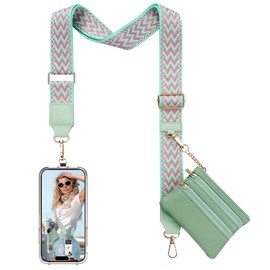 TiMOVO Clip and Go Phone Strap Crossbody with Leather Wallet, Adjustable Anti-Theft Phone Lanyard with Zippered Pouch, Universal Cell Phone Neck Lanyard for All Phone Cases, W Stripe Green
