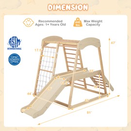 Costzon Indoor Jungle Gym, 6-in-1 Montessori Climbing Toys for Toddlers with Slide, Climbing Net, Monkey Bars, Wooden Playground Climber Playset for Kids Gifts Presents