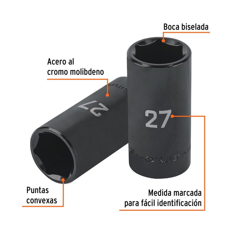 Truper D-7327-ML, Dado largo impacto de 27 mm, 6 puntas,