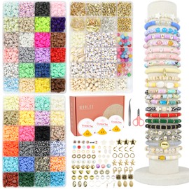WOOLEE Clay Beads Kit,10665Pcs+ Clay Beads Bracelet Making Kit, 48 Colours Clay Beads, Friendship Jewellery Making Kit with Letter Beads, Various of Beads,Charms Necklace, Earrings, Girls' Craft Gift