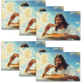 Jesus Pizza - Juego de 6 manteles individuales para decoración de lino, imitación resistente al calor, para decoración de comedor, cocina, fiesta, restaurantes, 12 x 18 pulgadas