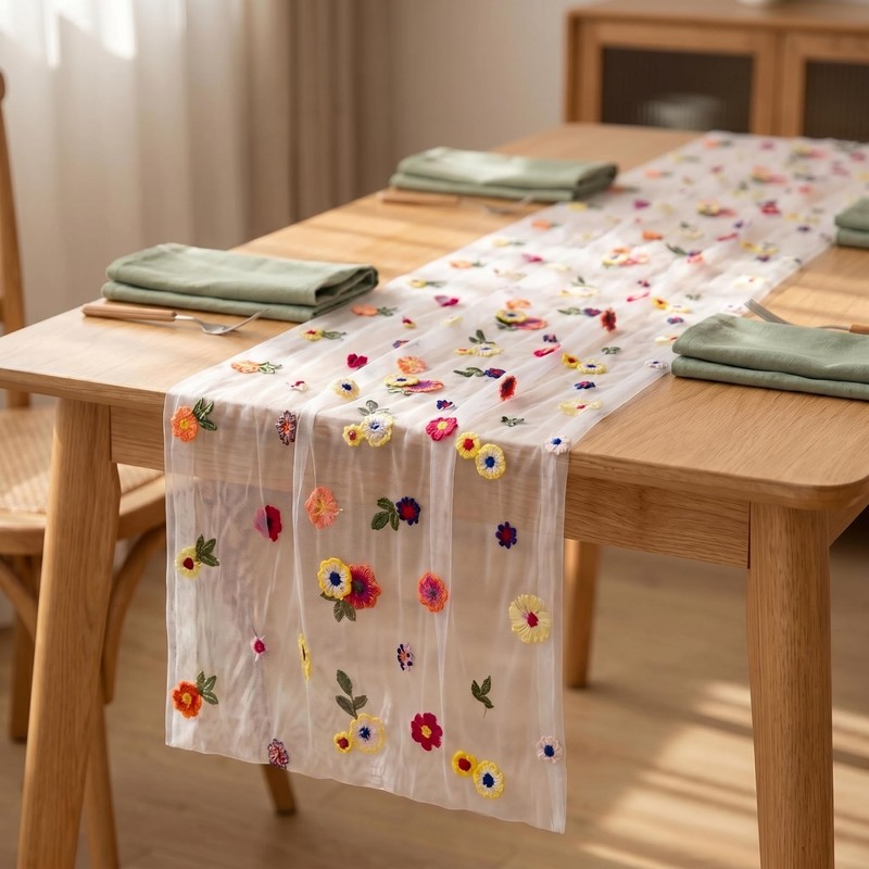 QIANSSE Floral Table Runner Spring Pink Table Decor