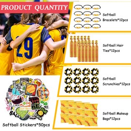 Yeyeplum 98 Pcs Softball Party Favors Include Softball Goodie Makeup Bags Bracelet Hair Bands Hair Ties Sticker for Softball Team Gifts Sports Birthday Decoration Party Supplies