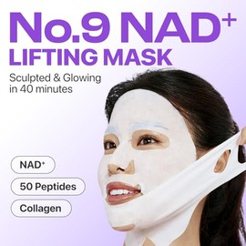 numbuzin No.9+ NAD+ BIO Máscara de elevación completa para el rostro, mascarilla reafirmante de dos piezas con péptidos y colágeno para un acabado de piel suave y definido, 4 hojas + banda elevadora